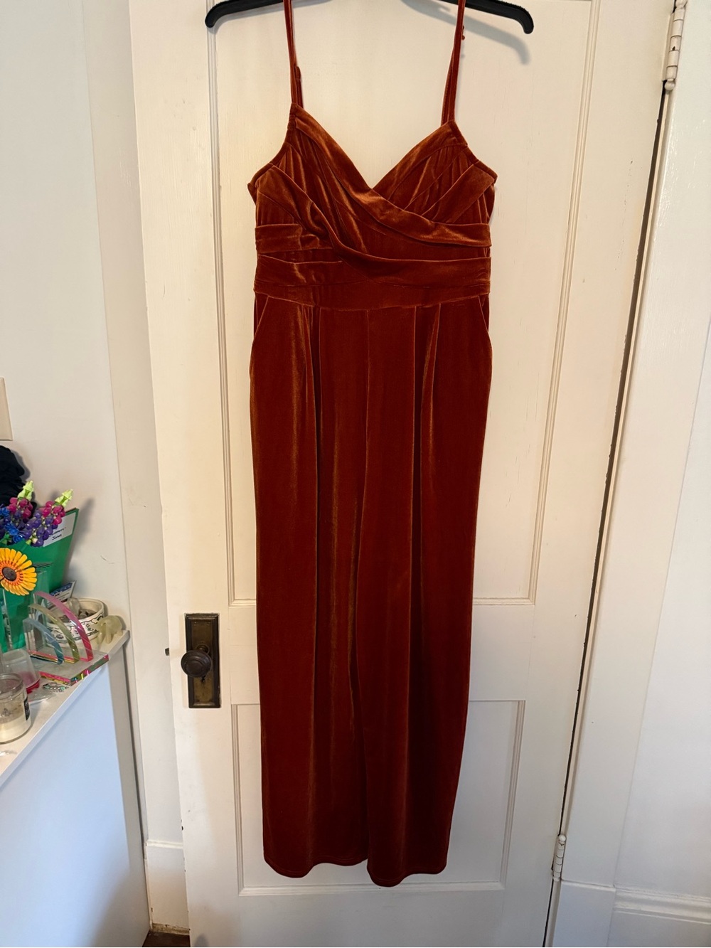 Spaghetti Strap Velvet Maxi Dress in Rust
